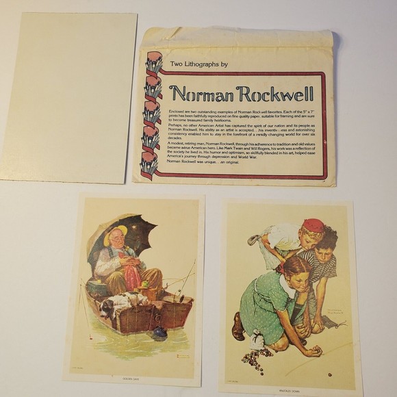 2 Norman Rockwell Lithographs 1972 Golden Days Knuckles Down Orgnl Envelope 5x7 - Picture 1 of 12